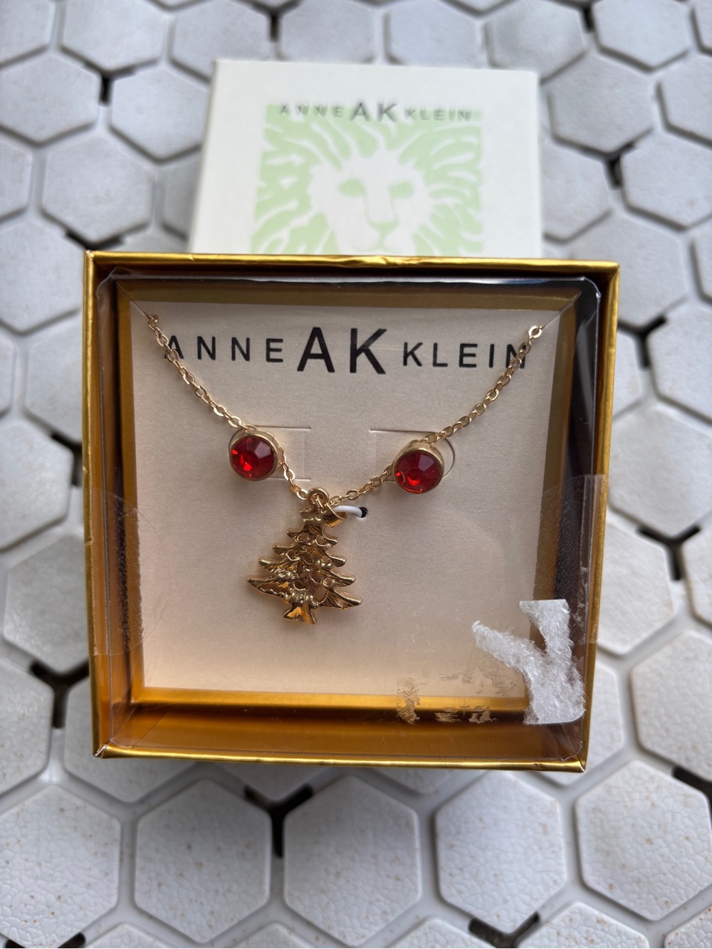 Anne Klein Gold-Tone Christmas Tree Necklace Pendant w/ Red Stones Earrings NWT